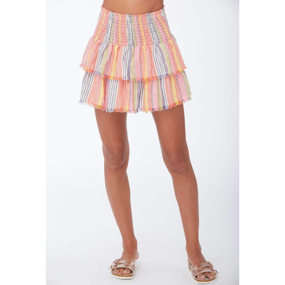Sundays Lara Striped Linen Skirt Red Multi Smocked‎ Ruffled Size 1 / Small